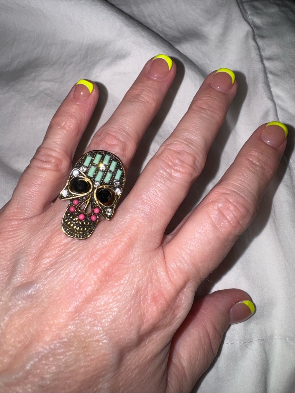 Boutique Bohemian Rhinestone Sugar Skull Statement Ring – Gold Tone, Adjustable